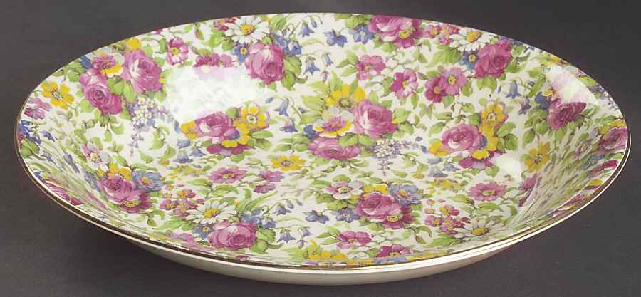 Summertime (Pre 1960, Cream Background, Gold Trim) 9" Oval Vegetable Bowl by Royal Winton-1