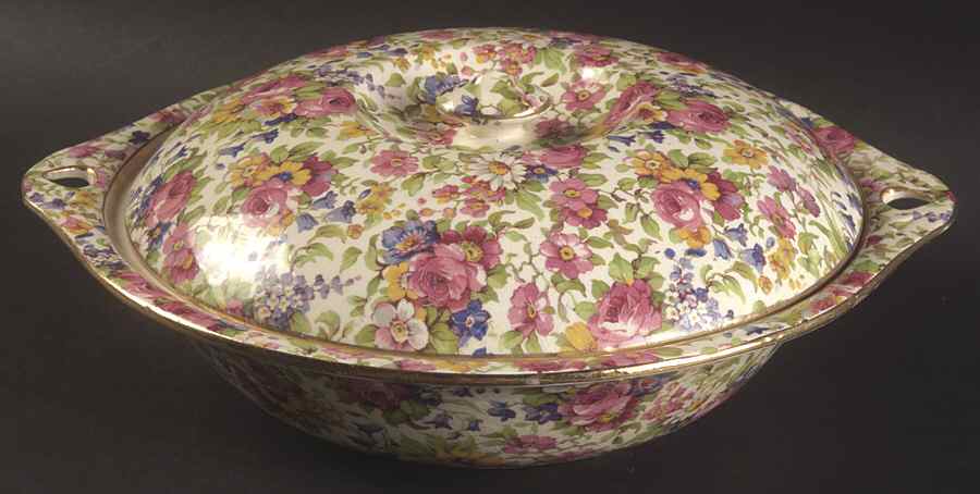 Summertime (Pre 1960, Cream Background, Gold Trim) Round Covered Vegetable by Royal Winton-1
