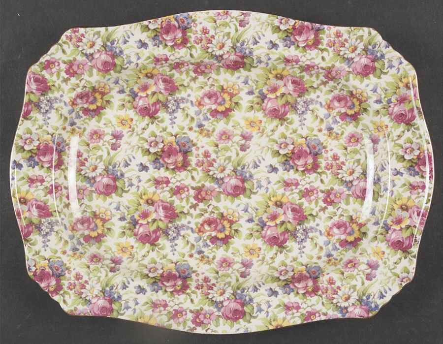 Summertime (Pre 1960, Cream Background, Gold Trim) 12" Rectangular Serving Platter by Royal Winton-1
