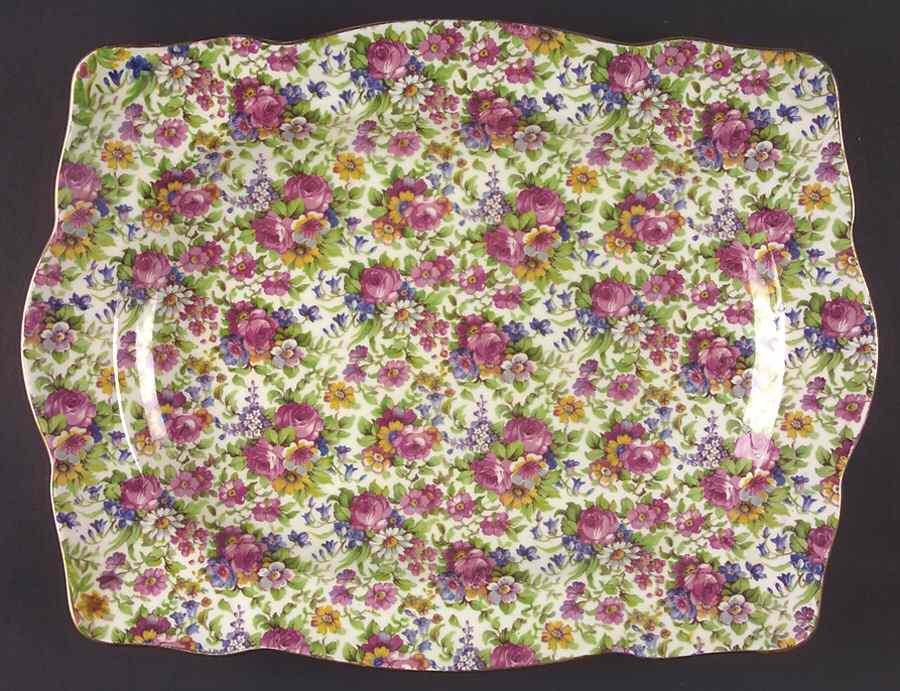 Summertime (Pre 1960, Cream Background, Gold Trim) 14" Athena Rectangular Platter by Royal Winton-1