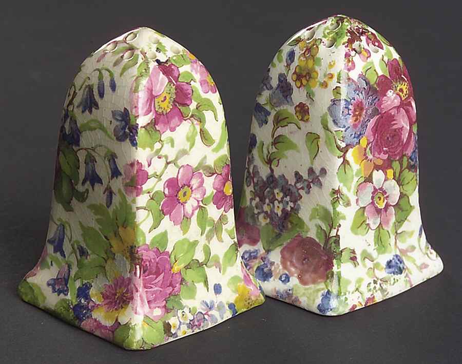Summertime (Pre 1960, Cream Background, Gold Trim) Acme Salt & Pepper Set by Royal Winton-1