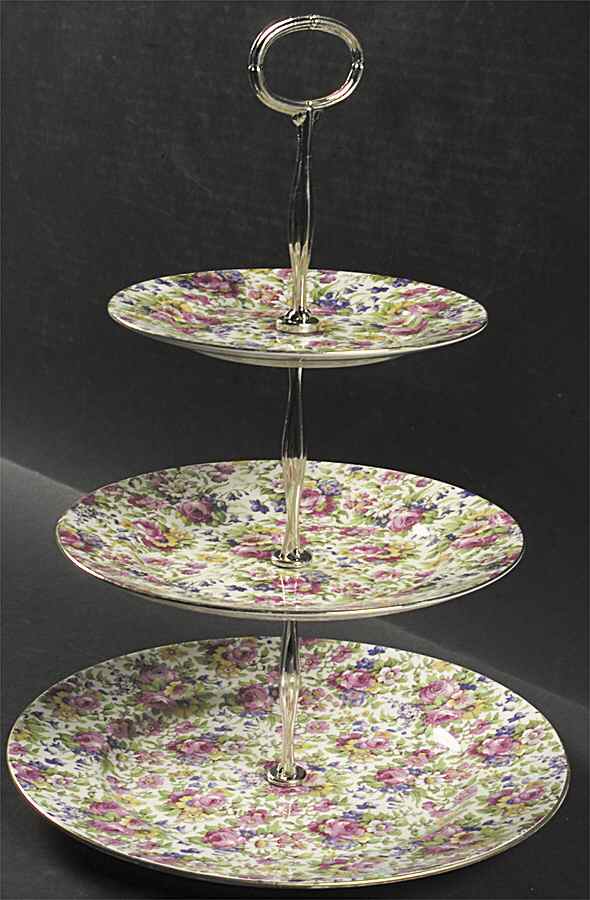 Summertime (Pre 1960, Cream Background, Gold Trim) 13 7/8"-14 1/4" 3-Tiered Serving Tray(DP,SP,BB) HC by Royal Winton-1