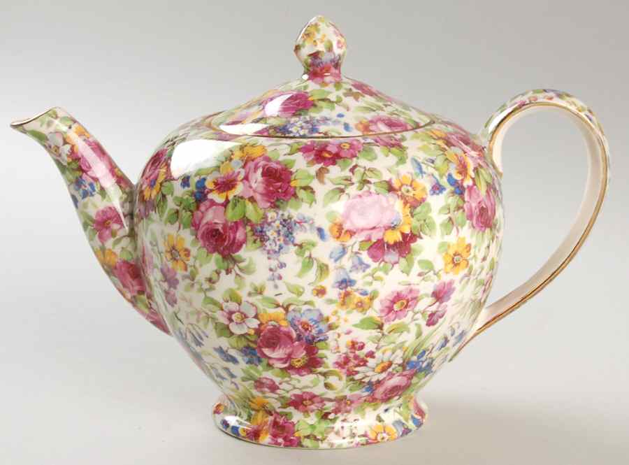 Summertime (Pre 1960, Cream Background, Gold Trim) 3 Cup Albans Teapot & Lid by Royal Winton-1