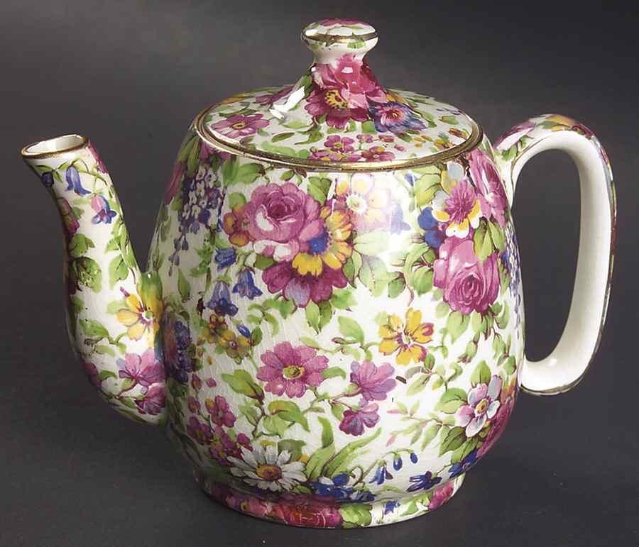 Summertime (Pre 1960, Cream Background, Gold Trim) Individual Breakfast Set Teapot & Lid by Royal Winton-1