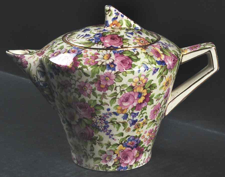 Summertime (Pre 1960, Cream Background, Gold Trim) Mini Teapot & Lid by Royal Winton-1