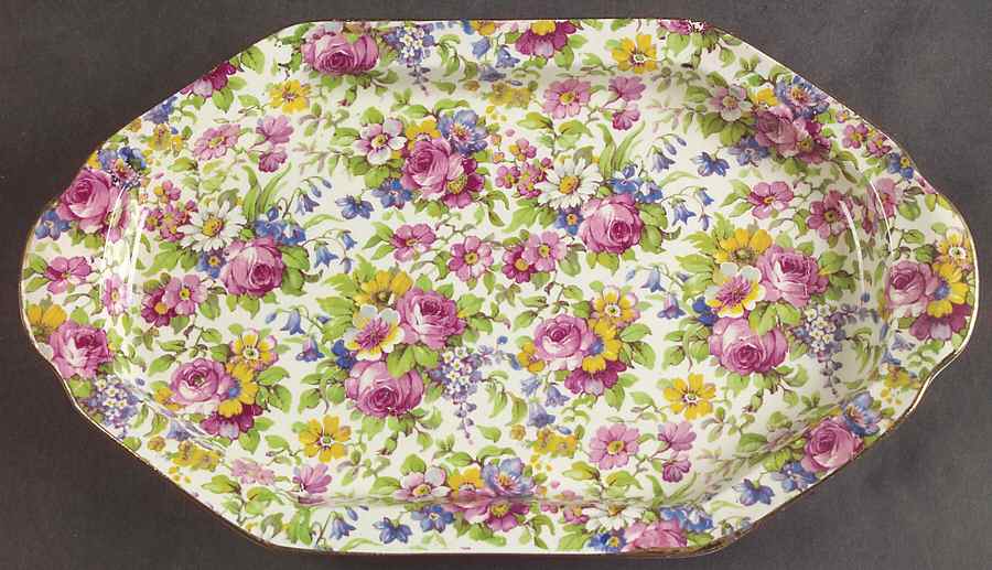 Summertime (Pre 1960, Cream Background, Gold Trim) Sexta Shape Oval Tray by Royal Winton-1