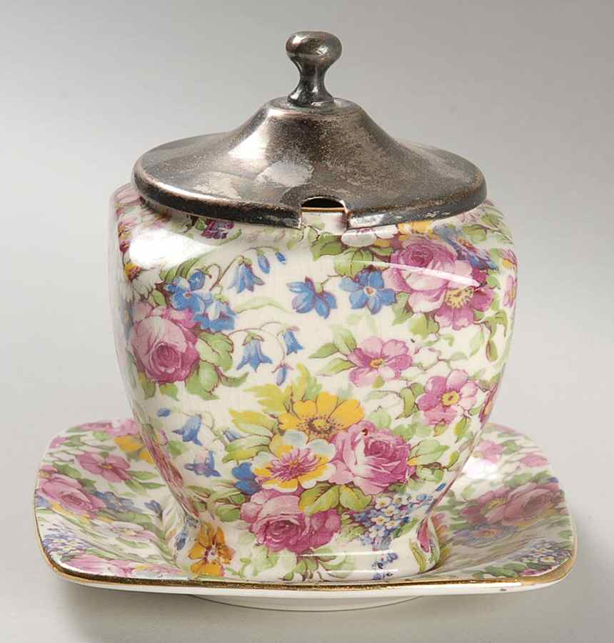 Summertime (Pre 1960, Cream Background, Gold Trim) Jam/Jelly & Metal Lid w/Underplate by Royal Winton-1