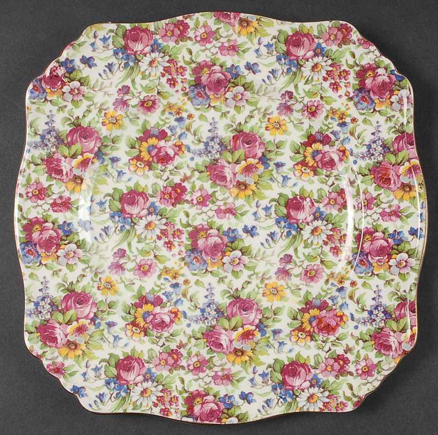 Summertime (Pre 1960, Cream Background, Gold Trim) Square Dinner Plate by Royal Winton-1