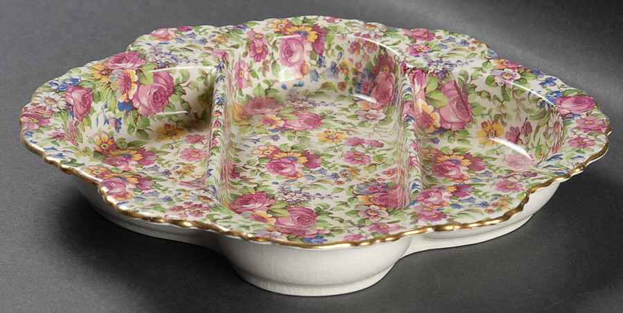 Summertime (Pre 1960, Cream Background, Gold Trim) 3-Part Relish by Royal Winton-1