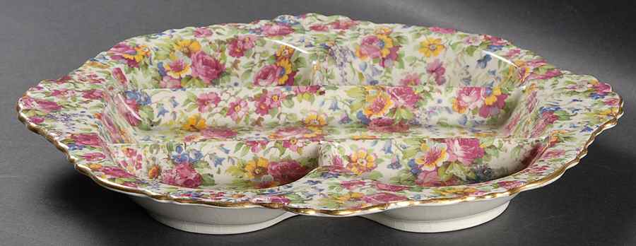 Summertime (Pre 1960, Cream Background, Gold Trim) 5-Section Hors d'Oeuvre Dish by Royal Winton-1