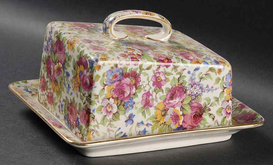 Summertime (Pre 1960, Cream Background, Gold Trim) Cheese Dish with Lid (Wedge) by Royal Winton-1
