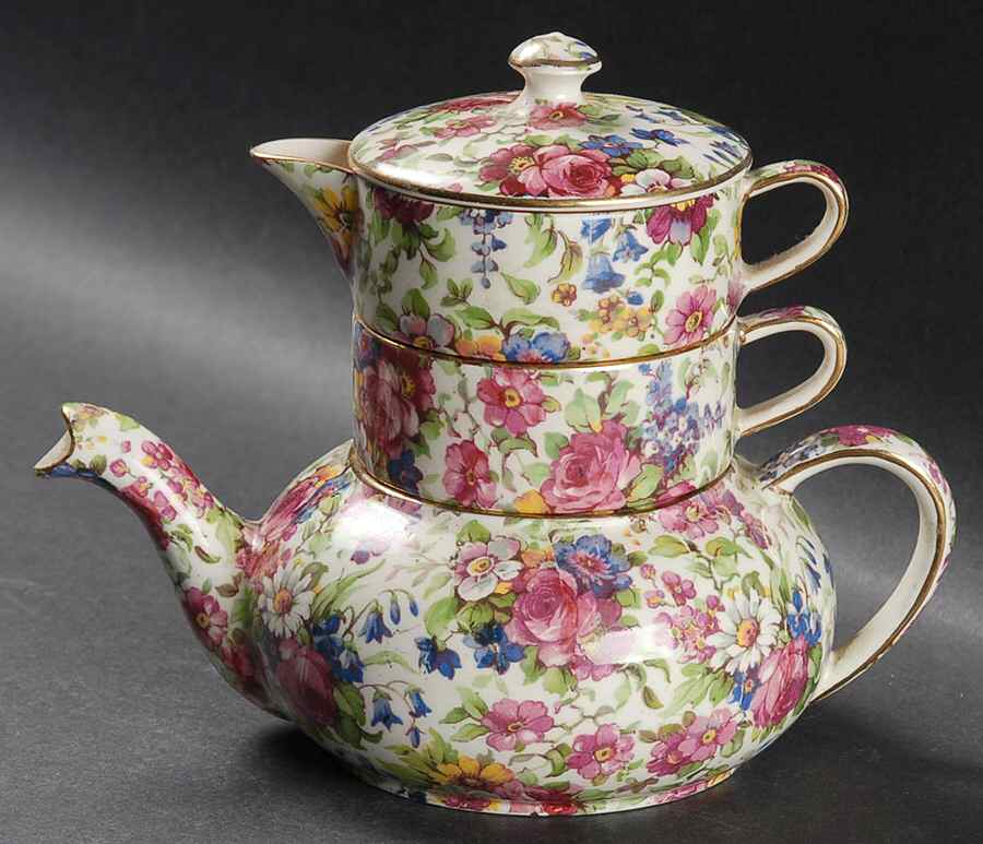 Summertime (Pre 1960, Cream Background, Gold Trim) Mini Teapot Stacking Set (Creamer, Sugar) by Royal Winton-1