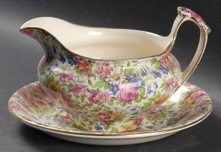 Summertime (Pre 1960, Cream Background, Gold Trim) Open Sauce Boat & Underplate by Royal Winton-1