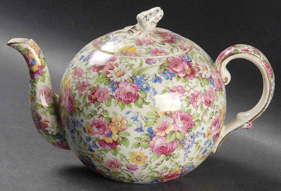 Summertime (Pre 1960, Cream Background, Gold Trim) 3 Cup Elite Teapot & Lid by Royal Winton-1