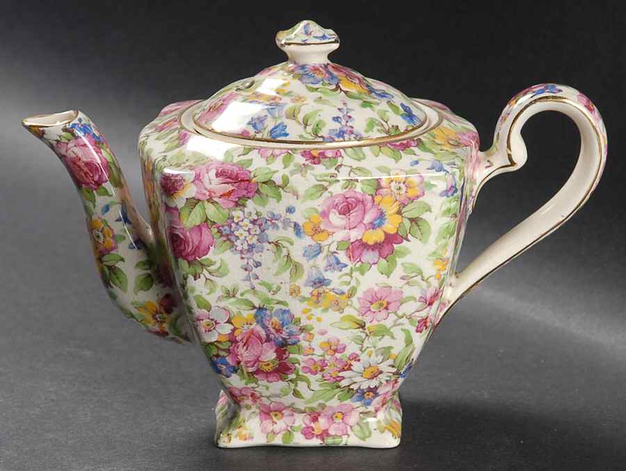 Summertime (Pre 1960, Cream Background, Gold Trim) 2 Cup Ascot Teapot & Lid by Royal Winton-1