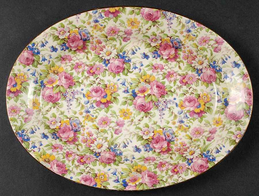 Summertime (Pre 1960, Cream Background, Gold Trim) 10" Oval Serving Platter by Royal Winton-1