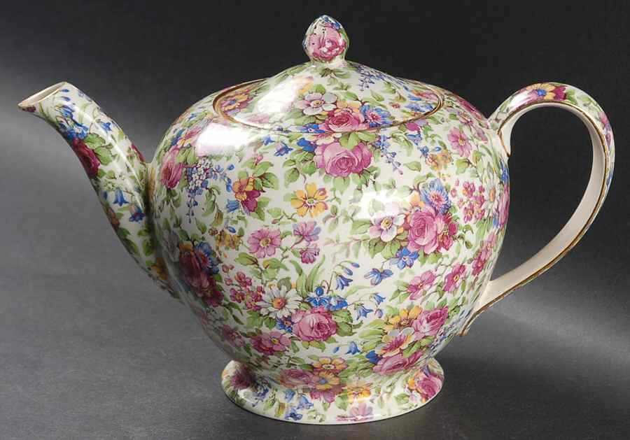 Summertime (Pre 1960, Cream Background, Gold Trim) 4 Cup Albans Teapot & Lid by Royal Winton-1