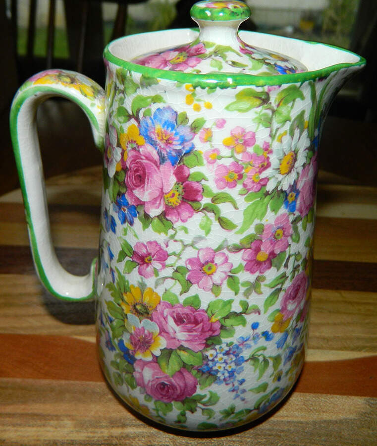 Summertime (Pre 1960, Cream Background, Green Trim) Large Syrup with Lid by Royal Winton-1