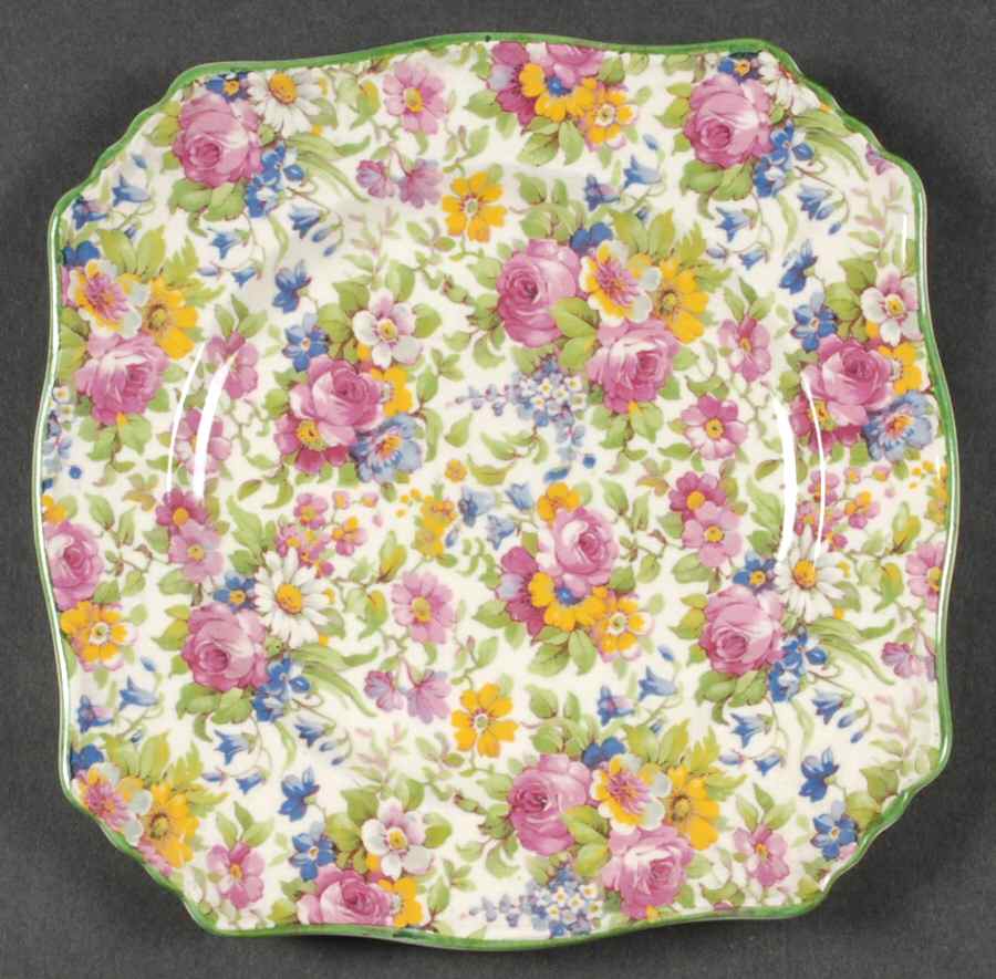 Summertime (Pre 1960, Cream Background, Green Trim) Square Dessert Plate by Royal Winton-1