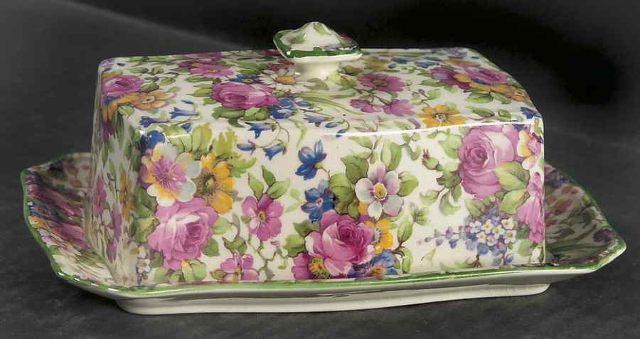 Summertime (Pre 1960, Cream Background, Green Trim) Covered Butter/Cheese by Royal Winton-1