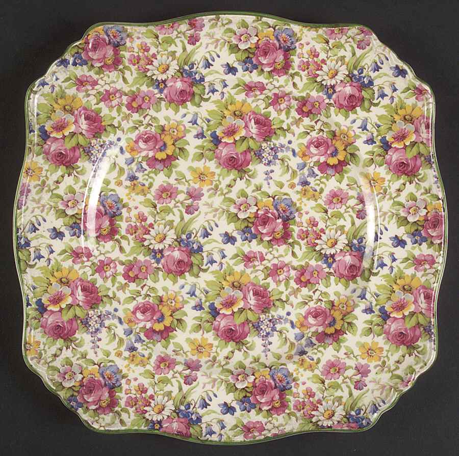 Summertime (Pre 1960, Cream Background, Green Trim) Square Dinner Plate by Royal Winton-1