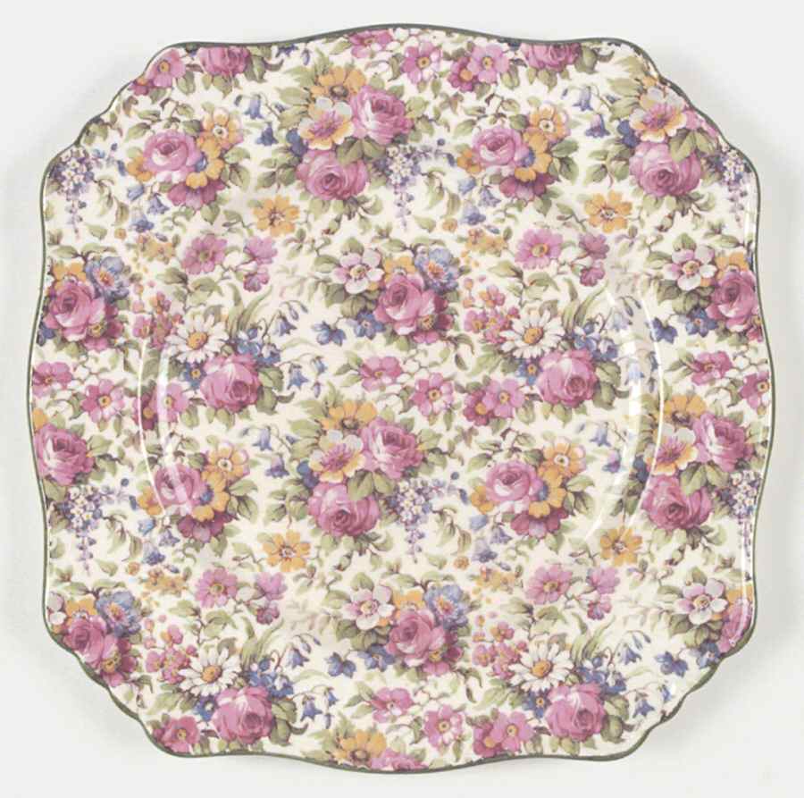 Summertime (Pre 1960, Cream Background, Green Trim) Square Luncheon Plate by Royal Winton-1