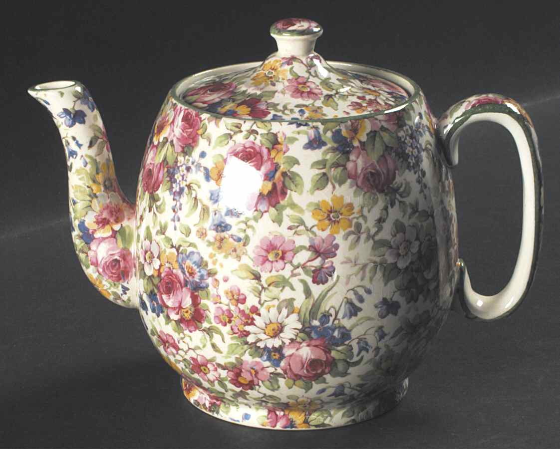 Summertime (Pre 1960, Cream Background, Green Trim) Countess Teapot & Lid by Royal Winton-1