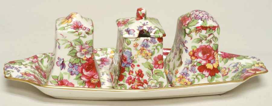 Summertime (Earthenware, Circa 1995) Salt & Pepper, Mustard with Lid & Tray by Royal Winton-1