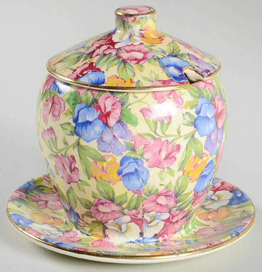 Sweet Pea Jam/Jelly & Lid w/Attached Underplate by Royal Winton-1