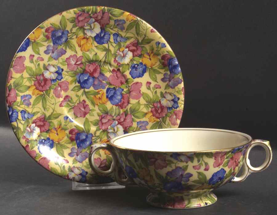 Sweet Pea Footed Cream Soup Bowl & Saucer Set by Royal Winton-1