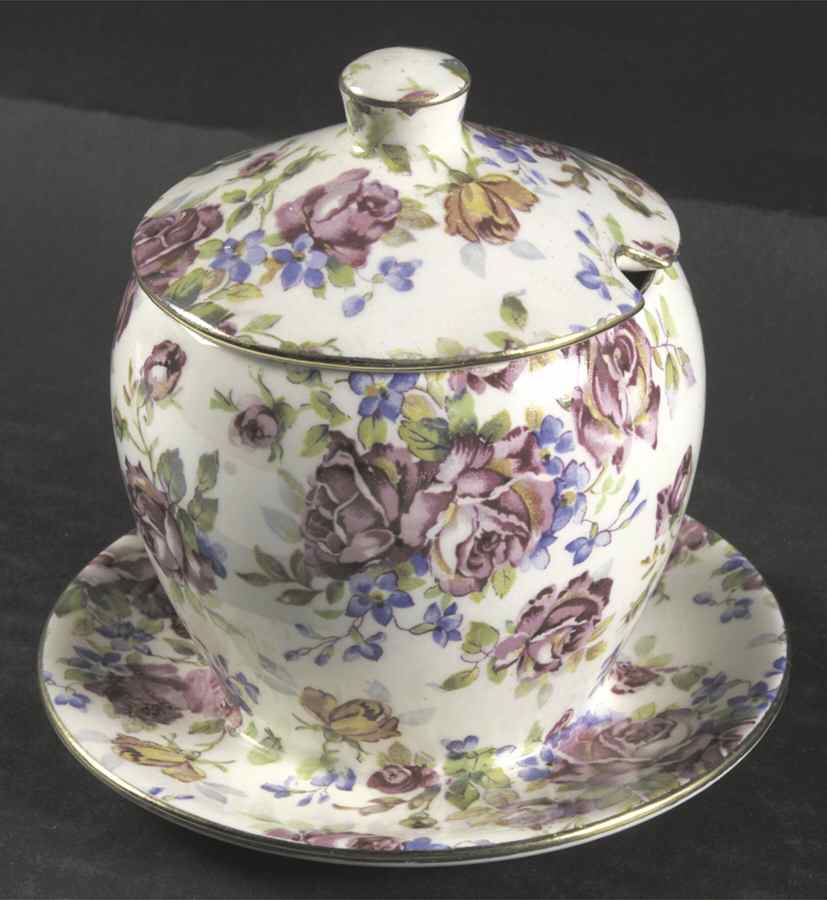 Victorian Rose Jam/Jelly & Lid w/Attached Underplate by Royal Winton-1