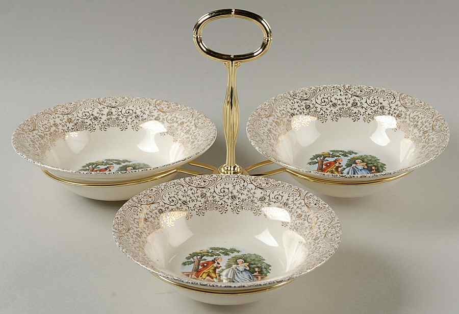 Colonial Gold 7" x 12" 3-Part Relish & Metal Stand (CERC) HC by Royal (USA)-1