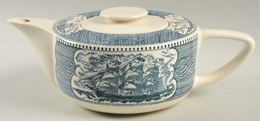 Currier and Ives Blue Teapot & Lid by Royal (USA)-1