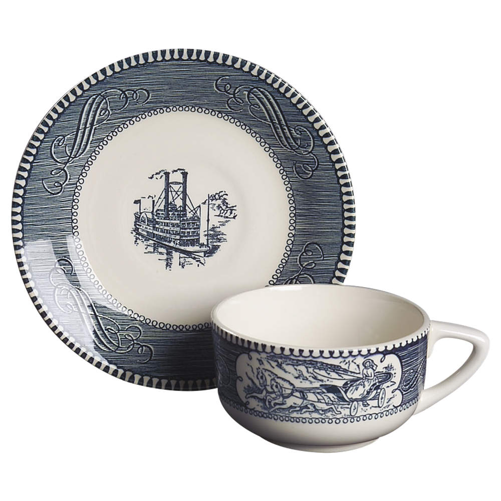 Currier and Ives Blue Flat Cup & Saucer Set by Royal (USA)-1