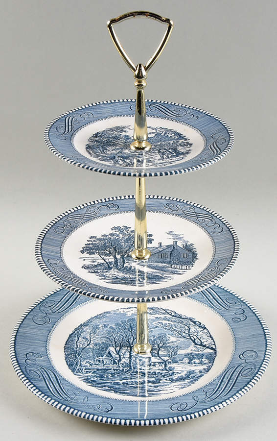 Currier and Ives Blue 3-Tiered Serving Tray (DP, SP, BB) by Royal (USA)-1
