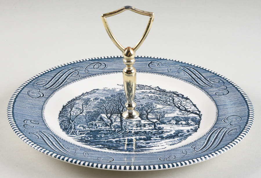 Currier and Ives Blue Round Serving Plate with Handle (DP) by Royal (USA)-1