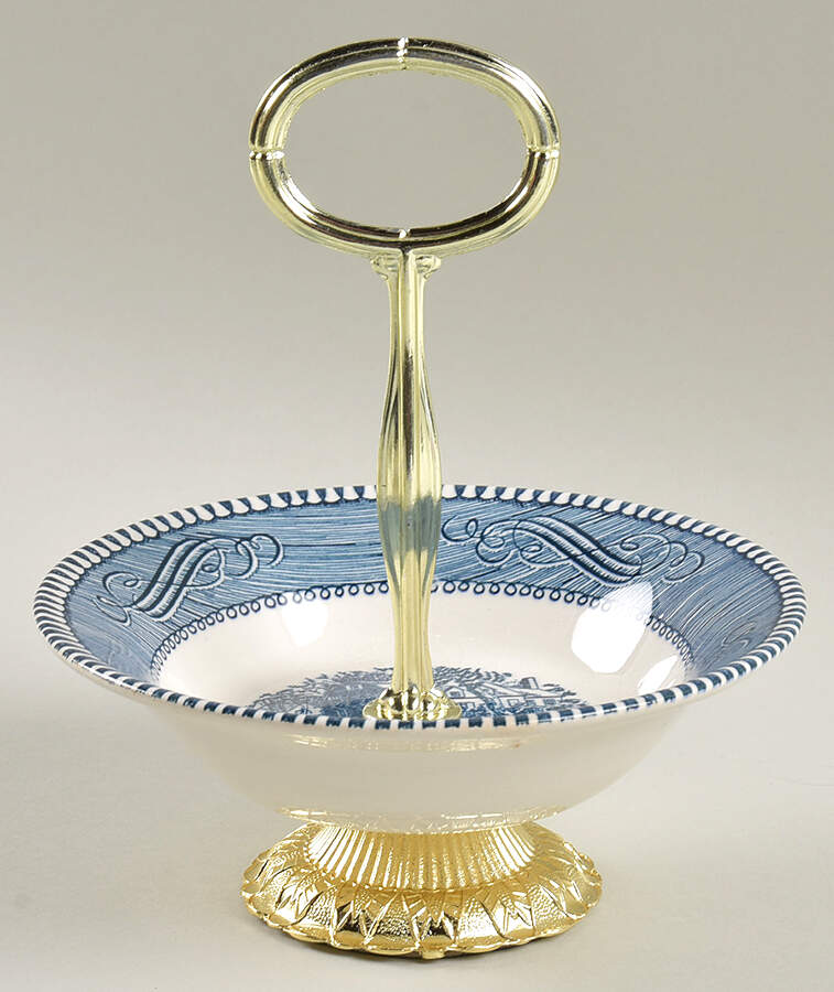 Currier and Ives Blue 6"-7" Handled Footed Nut Dish HC by Royal (USA)-1