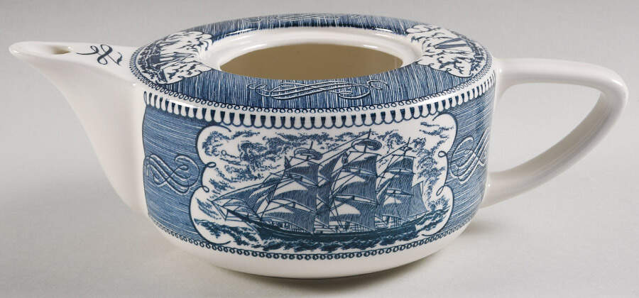 Currier and Ives Blue Teapot No Lid by Royal (USA)-1
