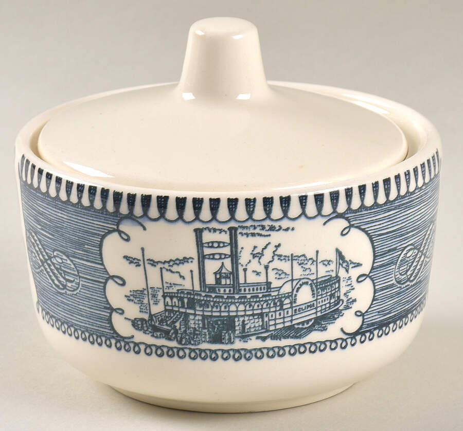 Currier and Ives Blue Sugar Bowl & Lid by Royal (USA)-1