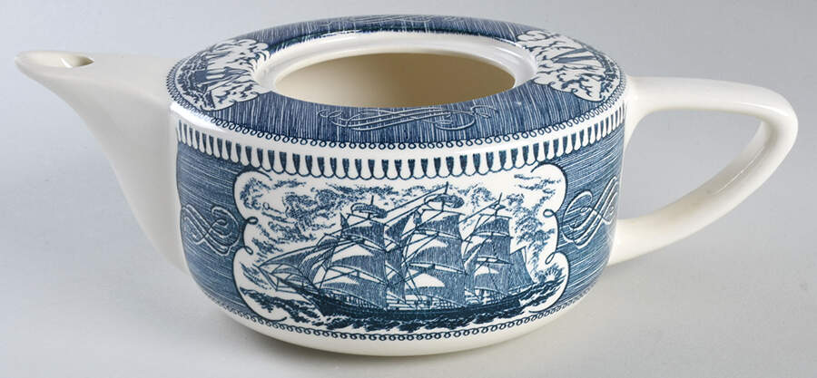 Currier and Ives Blue Teapot No Lid by Royal (USA)-1