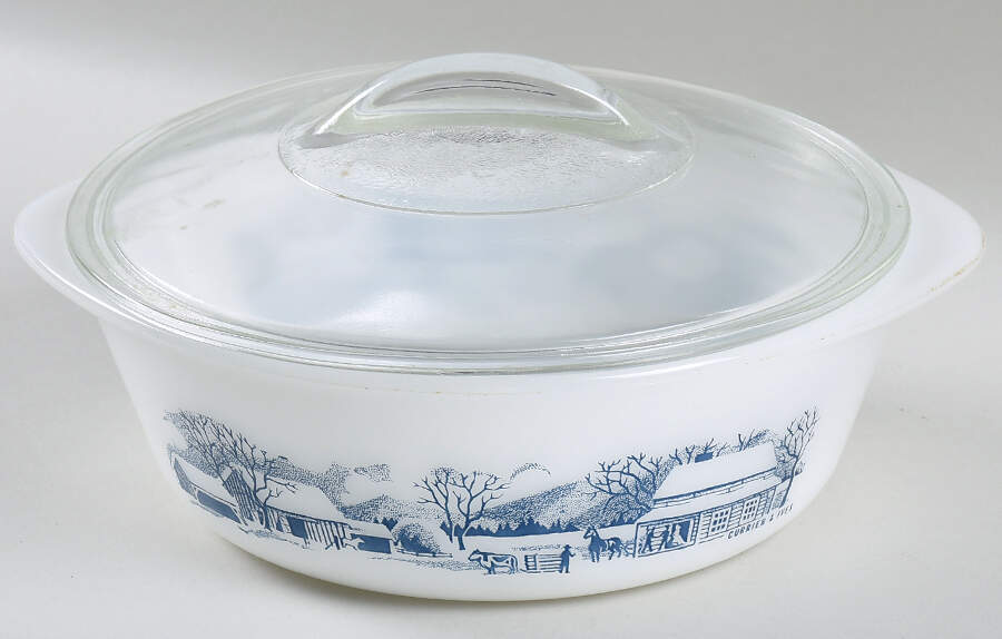 Currier and Ives Blue 2 Quart Round Ovenware Casserole with Lid by Royal (USA)-1