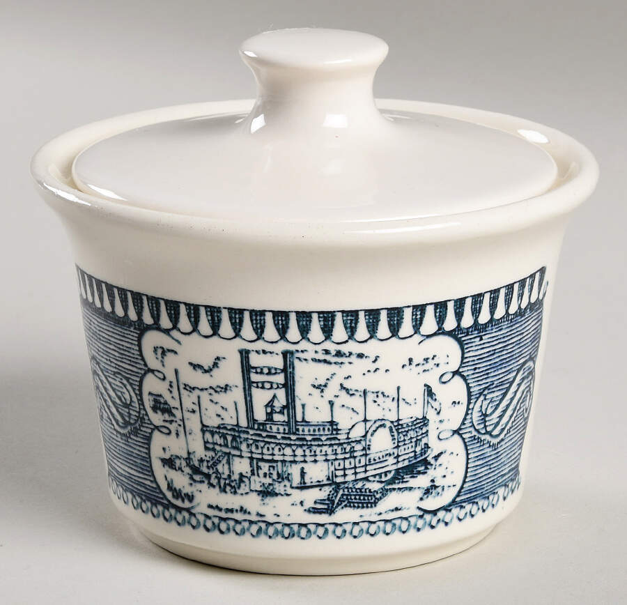 Currier and Ives Blue Sugar Bowl & Lid by Royal (USA)-1