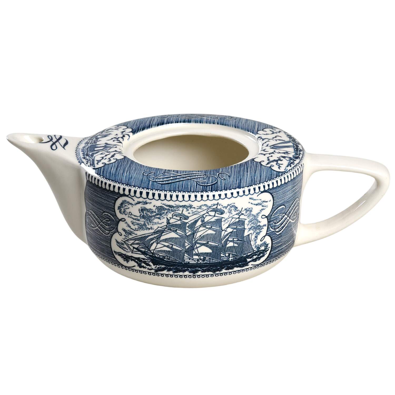 Currier and Ives Blue Teapot No Lid by Royal (USA)-1