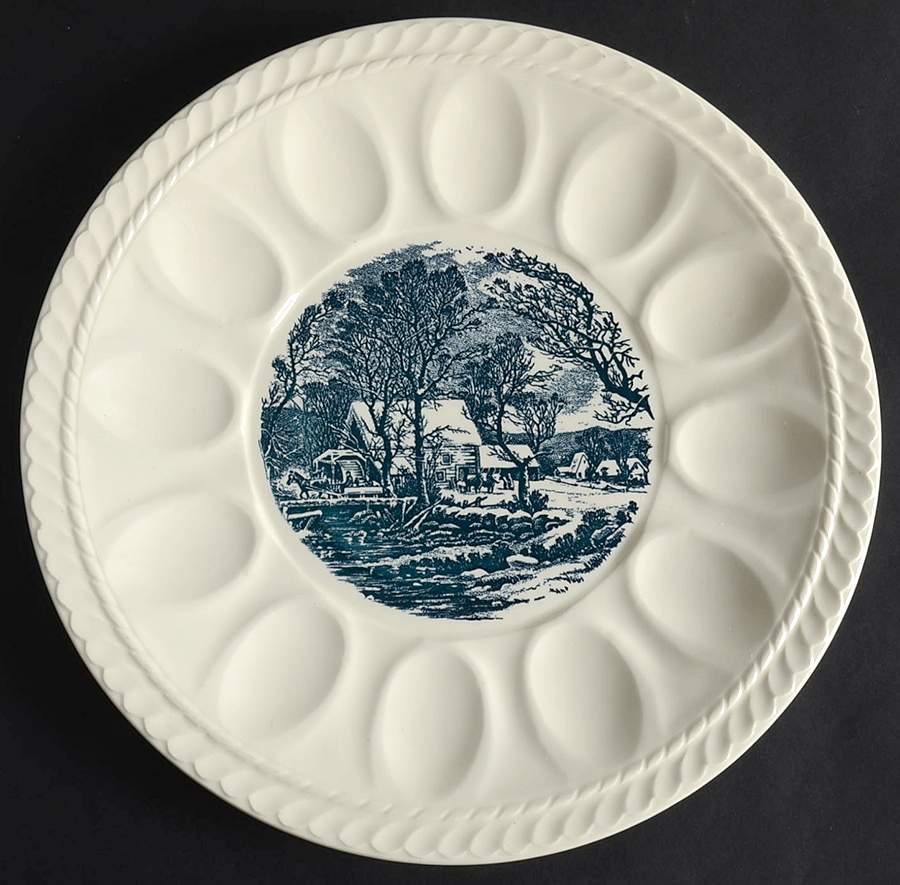 Currier and Ives Blue Deviled Egg Plate by Royal (USA)-1
