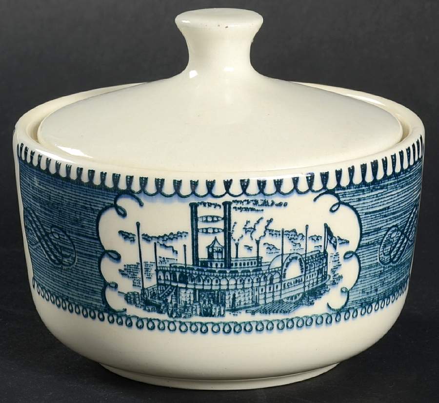 Currier and Ives Blue Sugar Bowl & Lid by Royal (USA)-1