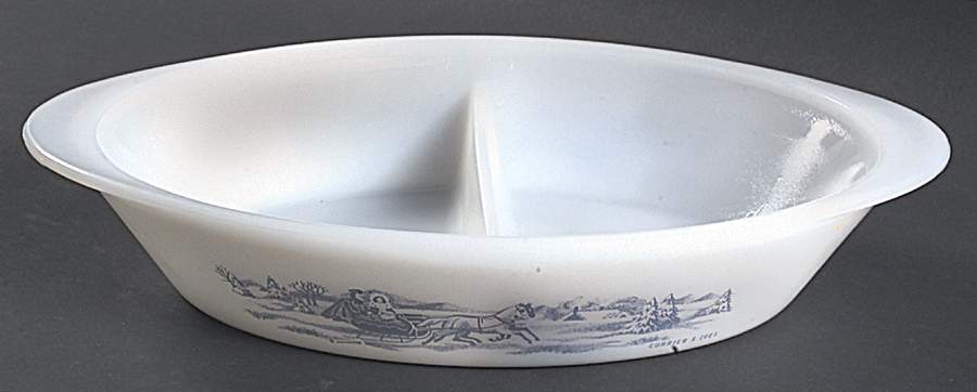 Currier and Ives Blue Oval Divided Open Ovenware Casserole by Royal (USA)-1