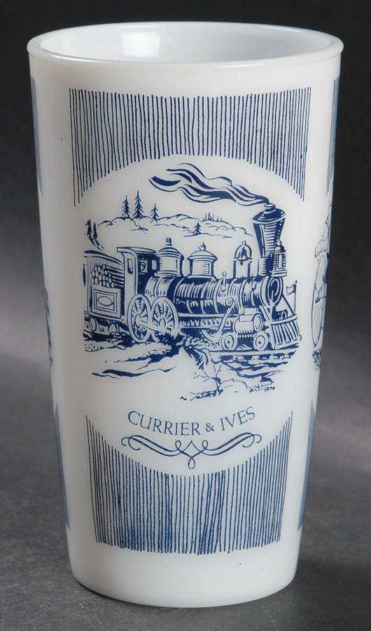 Currier and Ives Blue 10 Oz Glass Ovenware (Milk White) Tumbler by Royal (USA)-1