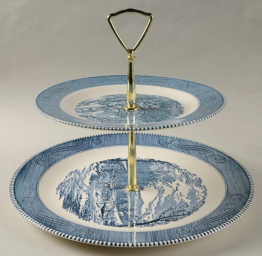 Currier and Ives Blue 2 Tiered Serving Tray (Chop & Dinner Plate) by Royal (USA)-1