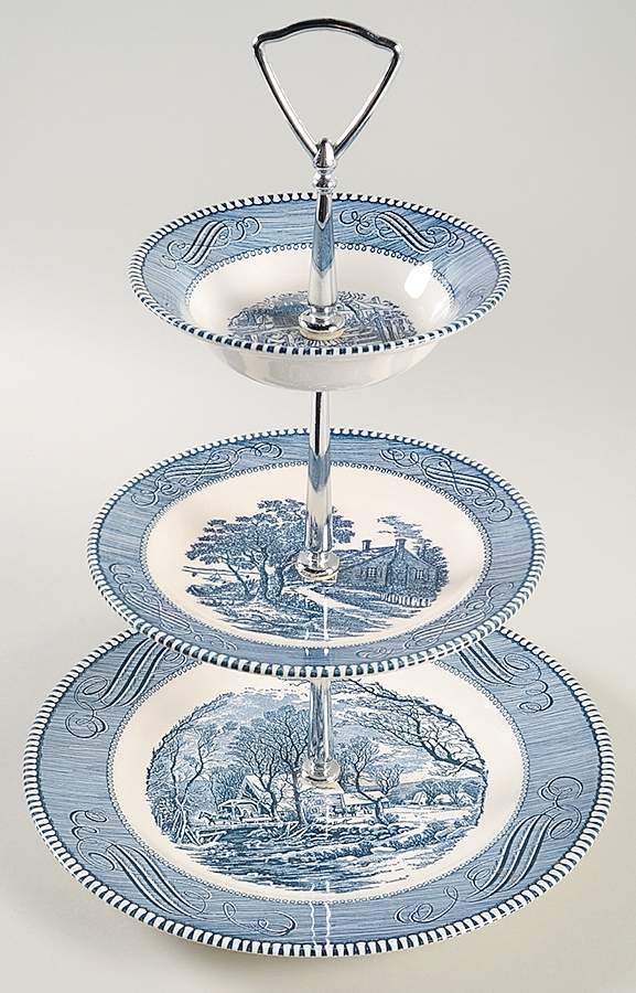 Currier and Ives Blue 3-Tiered Serving Tray (DP, SP, FR) by Royal (USA)-1