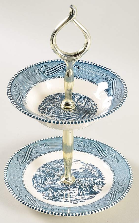 Currier and Ives Blue 2 Tiered Serving Tray-Bread&Butter and Fruit Bowl by Royal (USA)-1